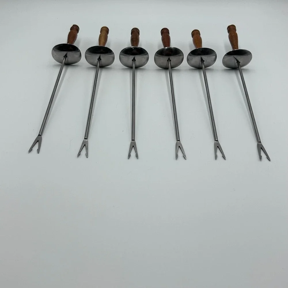 MCM Edelstahl Rostfrei Fondue Forks 6 Ea Germany Stainless Steel 2Prong Wood 11